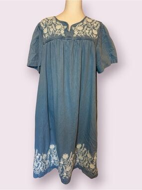 Go Softly Patio Embroidered Chambray Midi Dress Blue Size XL